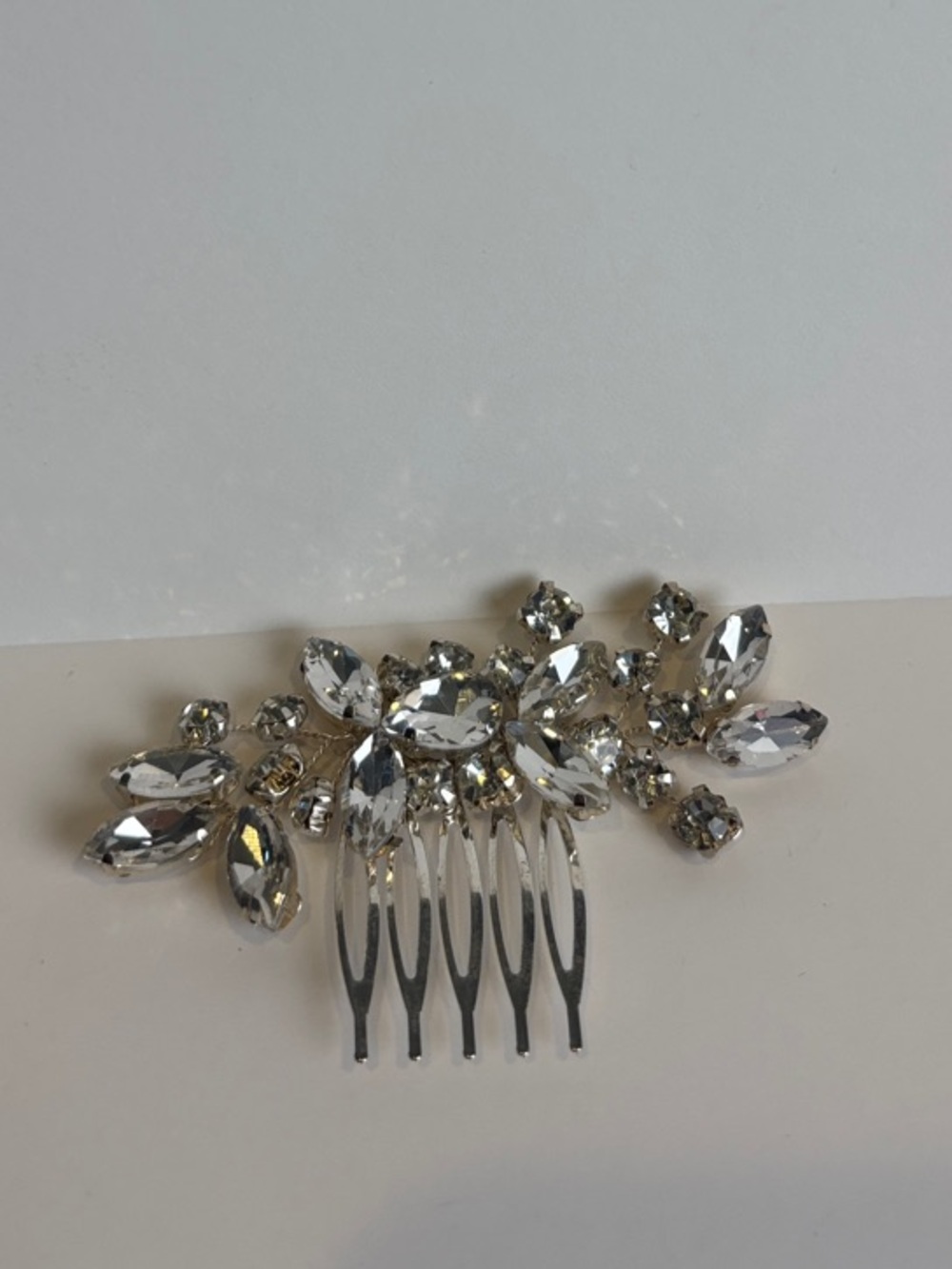 Vintage Silver Rhinestone Bridal Hair Comb - Crystal Leaf Wedding Headpiece